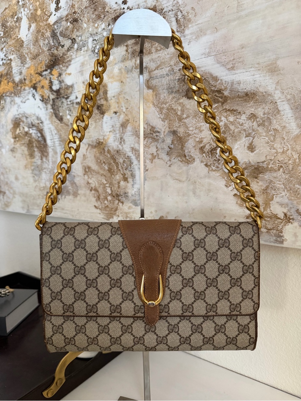 Gucci Beige/Brown GG Supreme Canvas Shoulder Bag with Gold Chain
